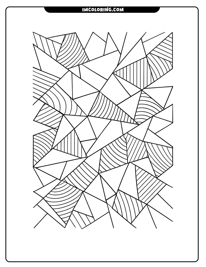 Coloring sheet of Abstract mosaic of angular shapes with striped patterns for kids