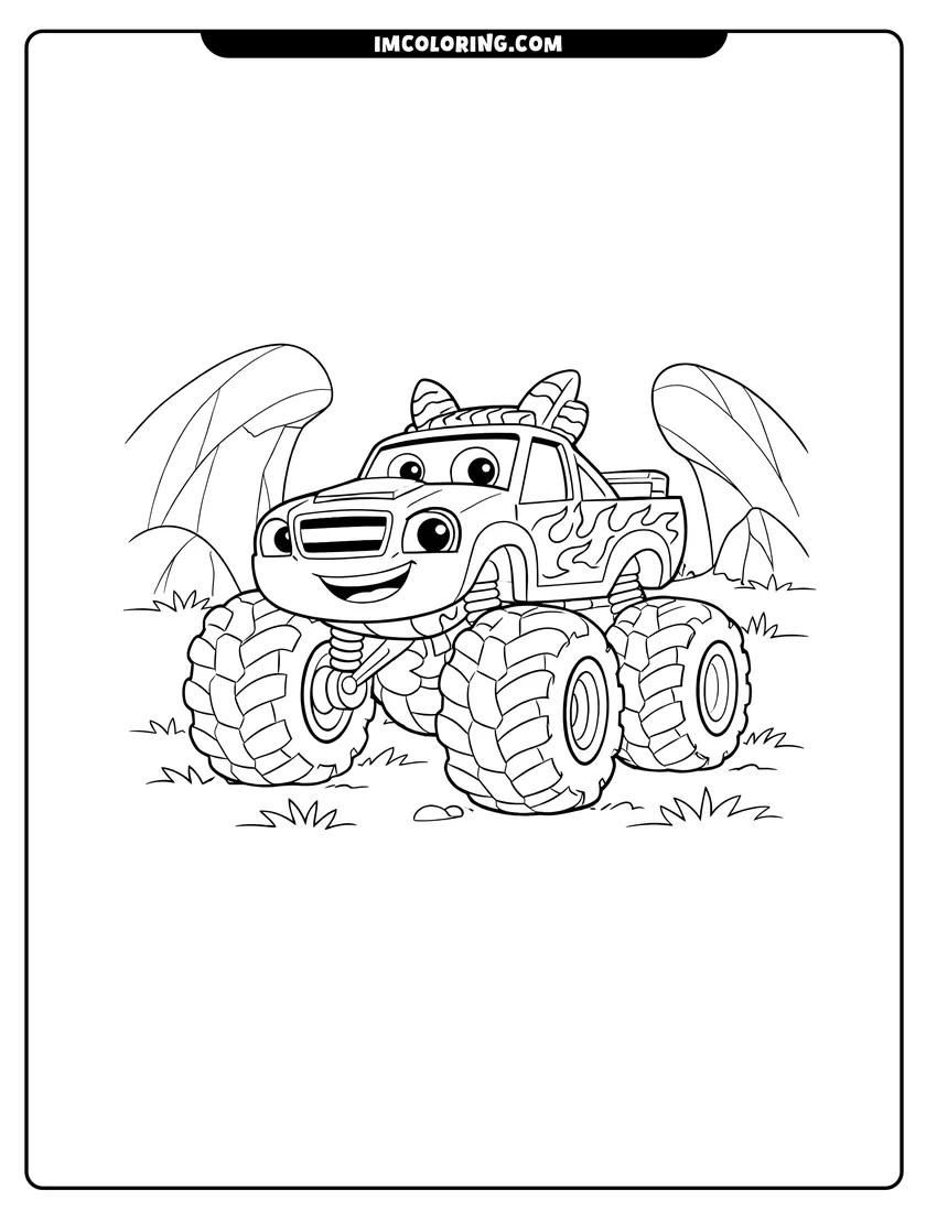 Printable Stripes the monster truck near large rocks coloring activity