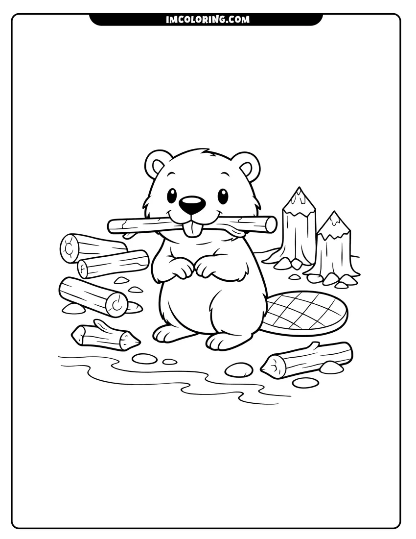 Line art depicting Beaver carrying a stick in its mouth on riverbank