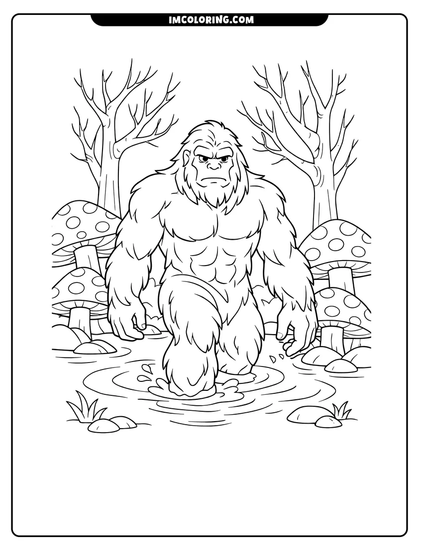 Detailed Bigfoot Yeti wading through pond with large mushrooms design for coloring