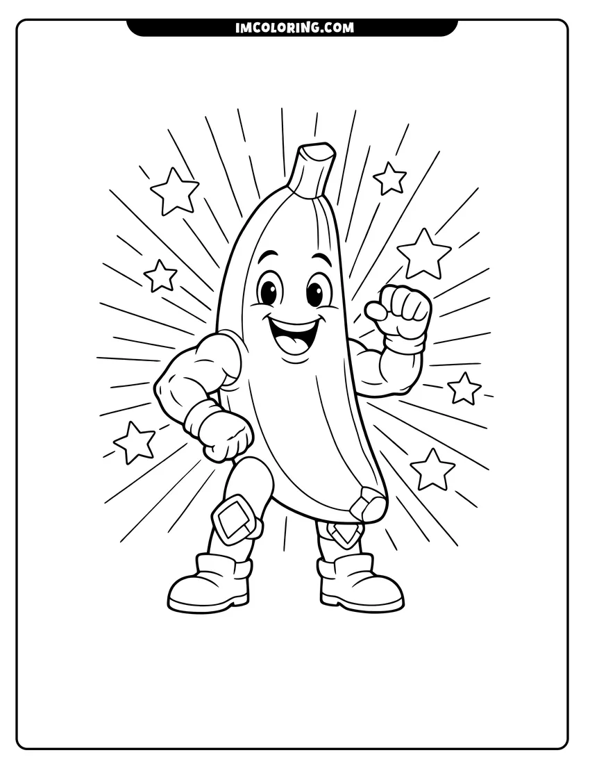 Printable outline of Anthropomorphic banana character with muscles waving