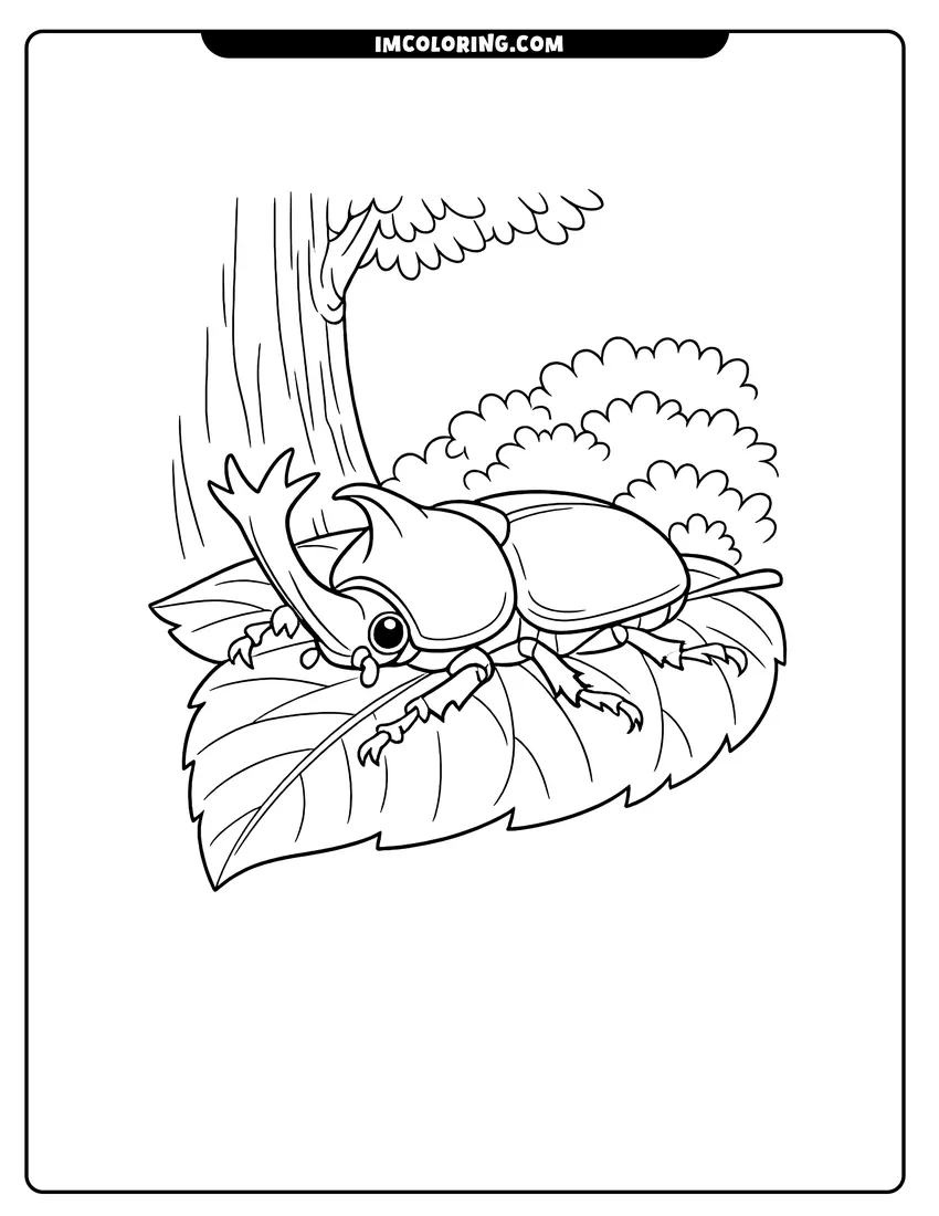 Kawaii style Rhinoceros beetle with curved horn on a large leaf coloring picture