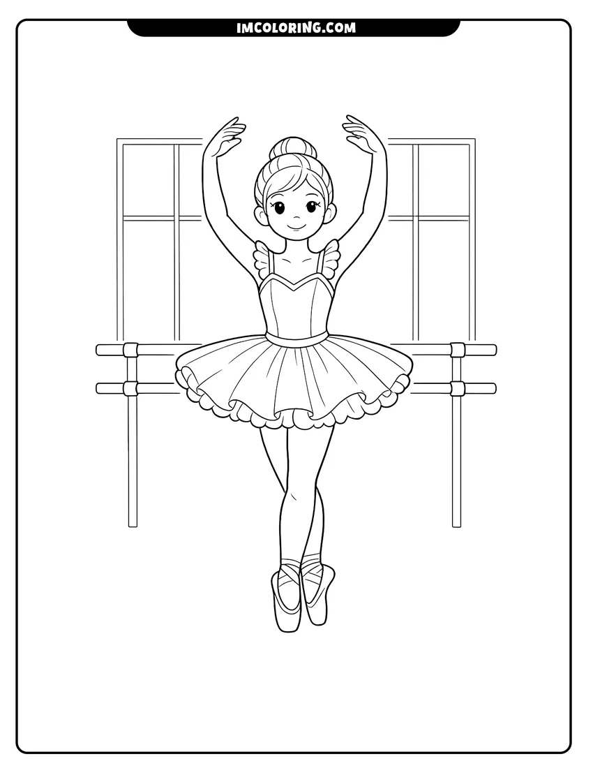 Easy-to-color Ballerina standing on toes in a dance studio illustration