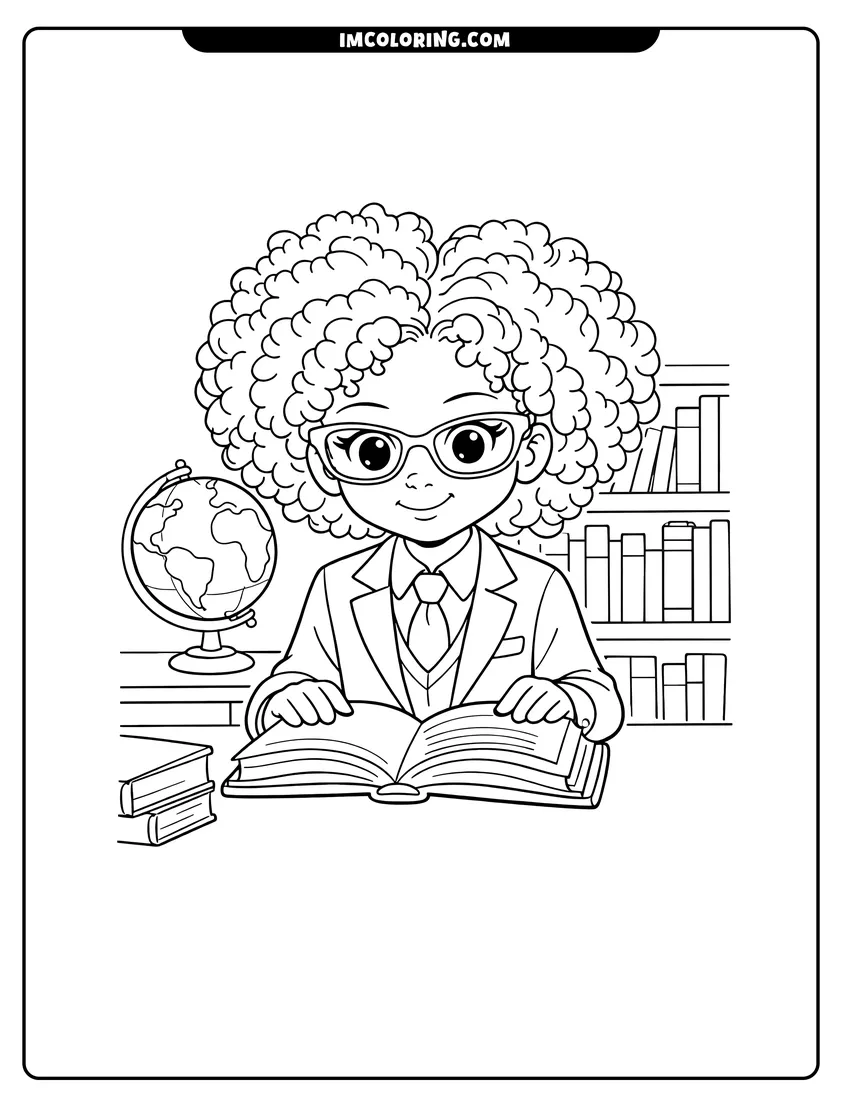 Printable coloring page featuring Black girl with glasses reading at a desk