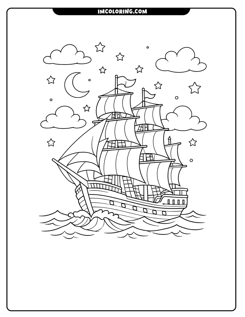 Wooden ship with multiple masts under a starry night drawing meant for coloring