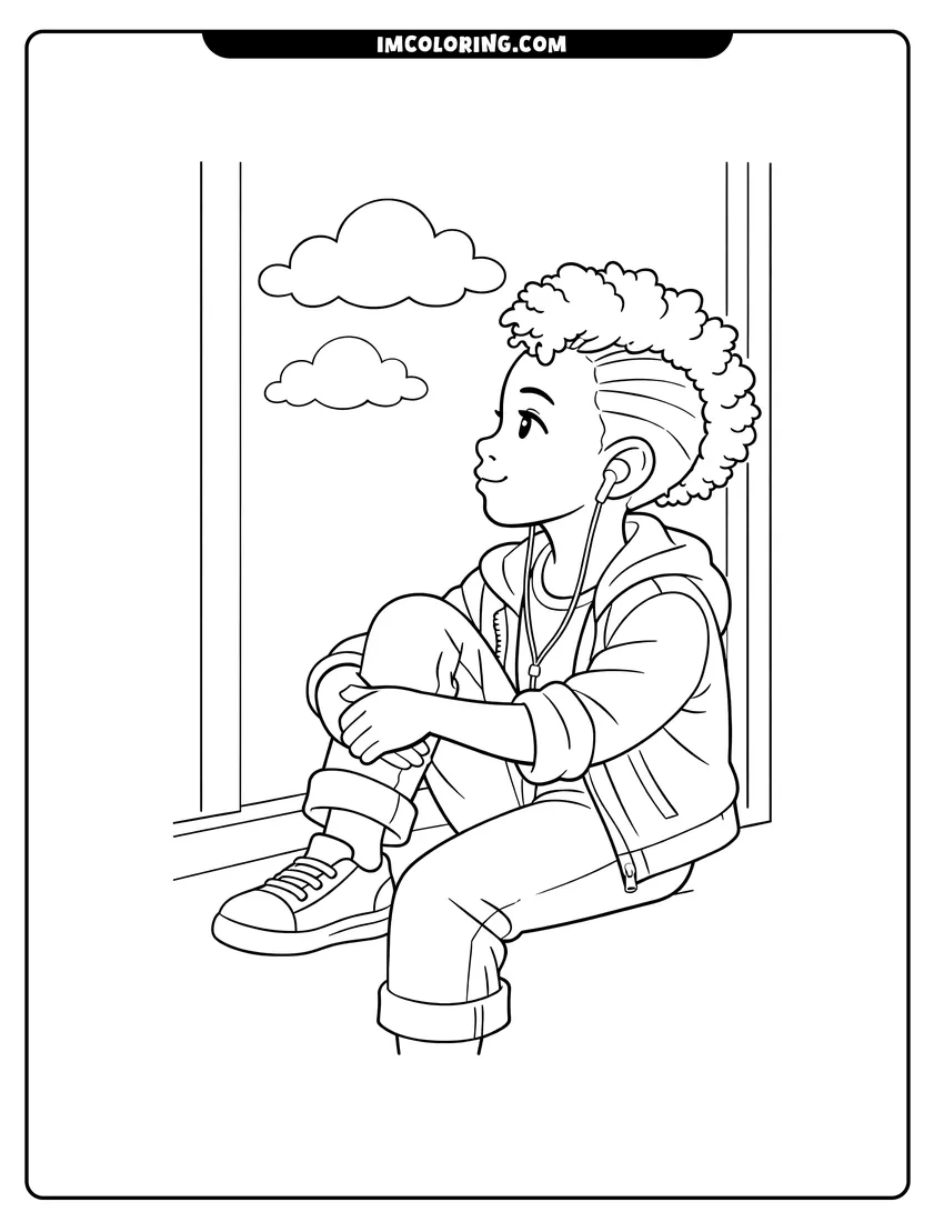 Printable outline of Black girl with a frohawk sitting by a window