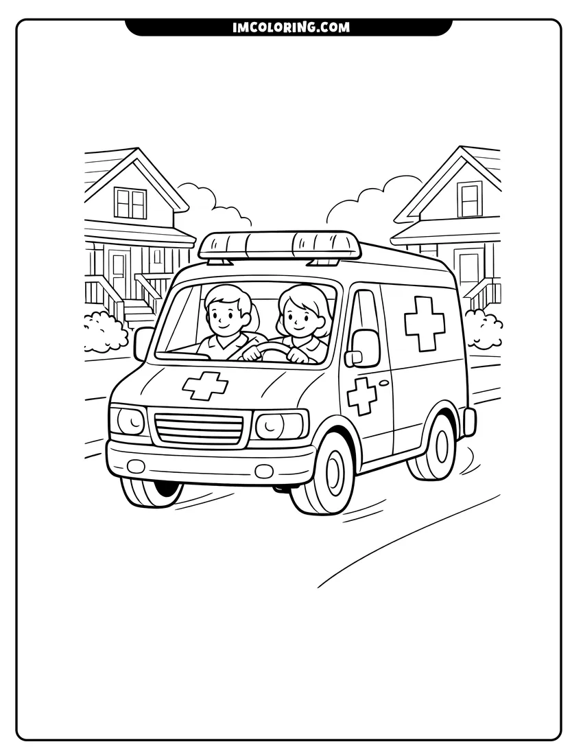 Kawaii style Classic van ambulance driving down a residential suburban street coloring picture