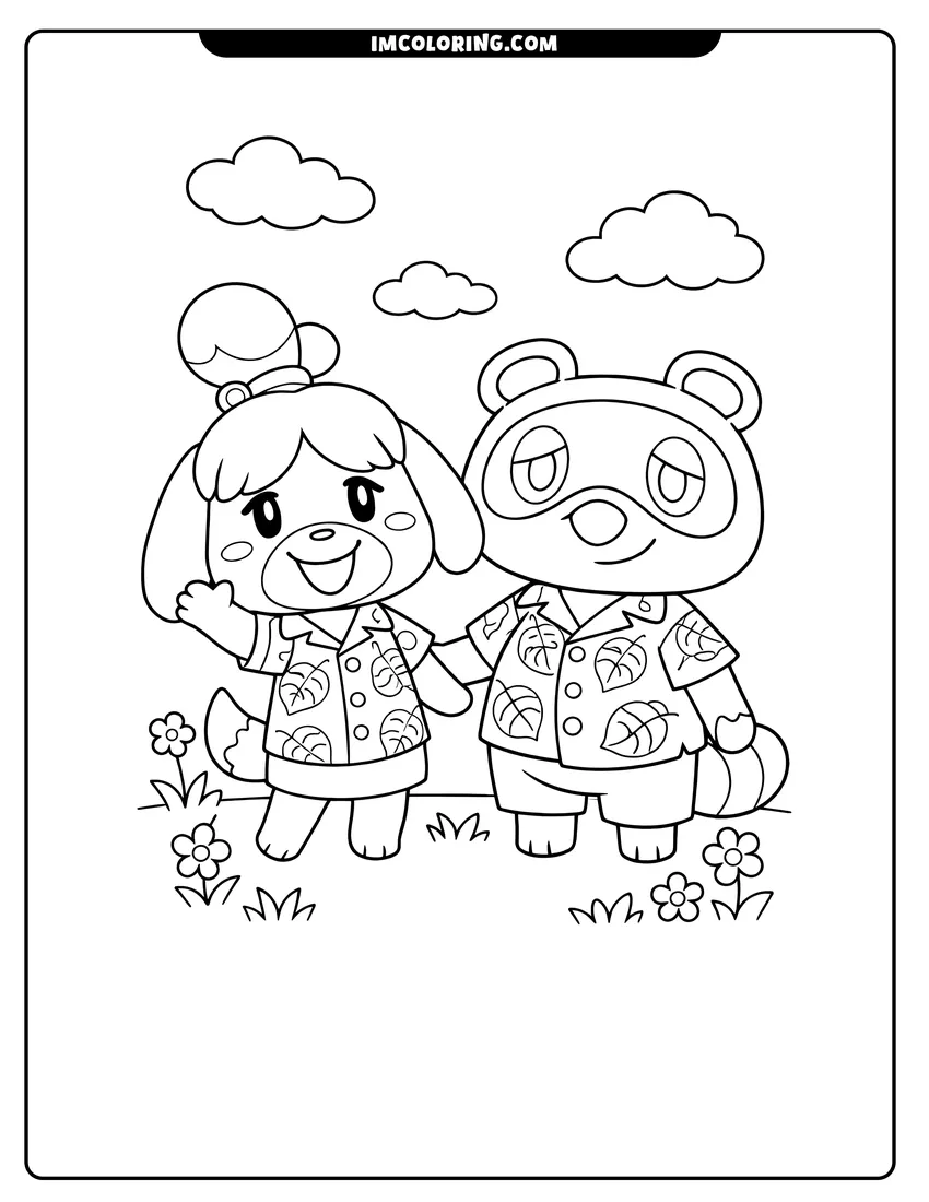 Printable Isabelle and Tom Nook wearing matching summer leaf shirts coloring activity