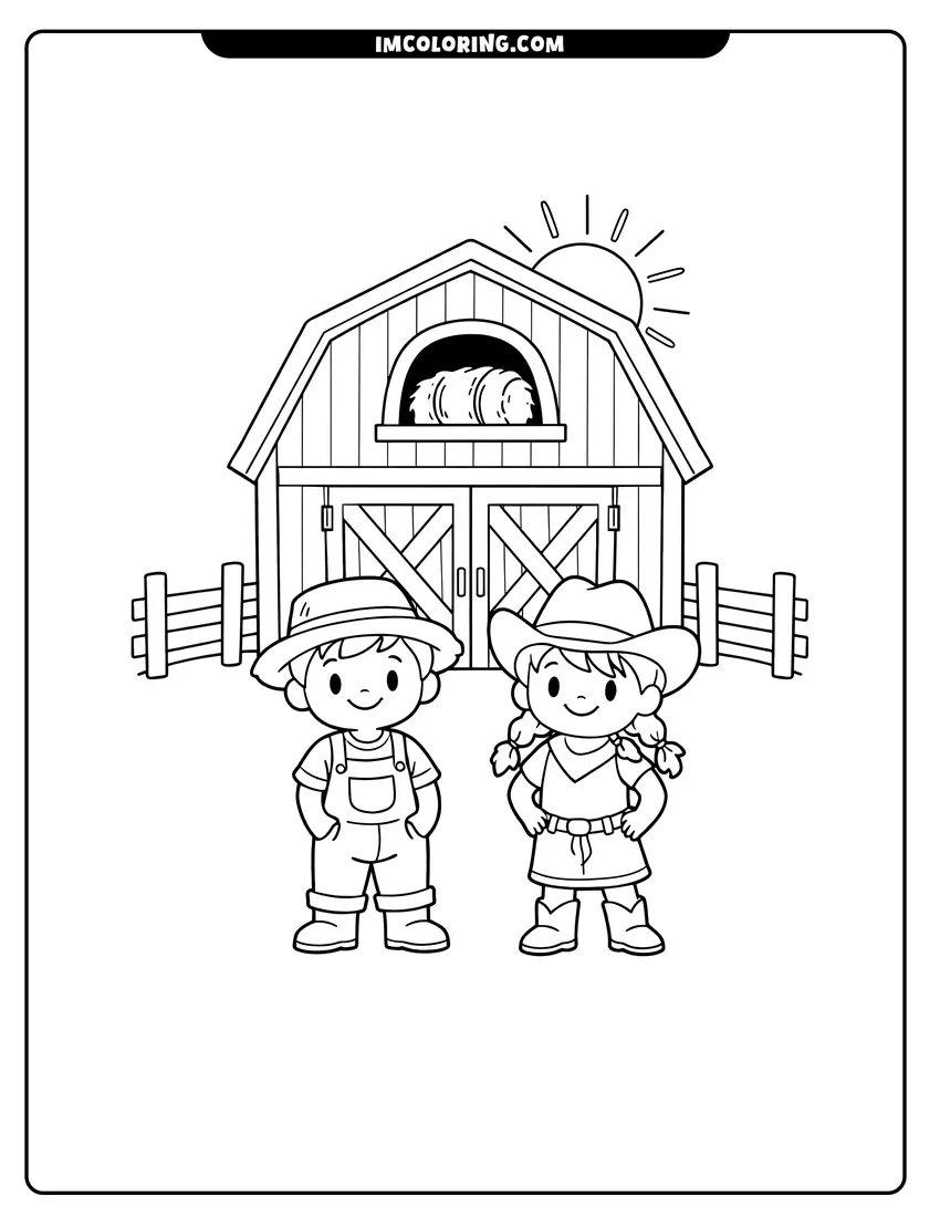 Printable Classic wooden barn with arched window and sun coloring activity