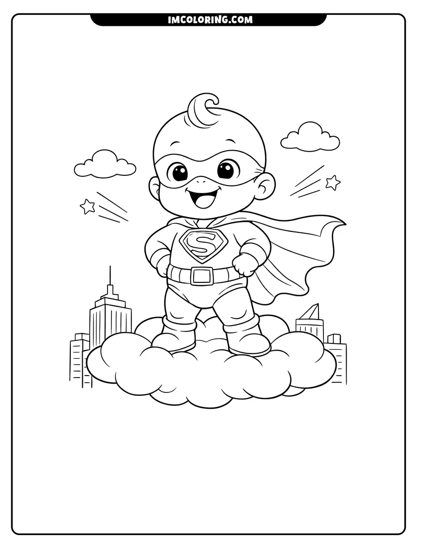 Line art depicting Baby in superhero costume standing on a cloud
