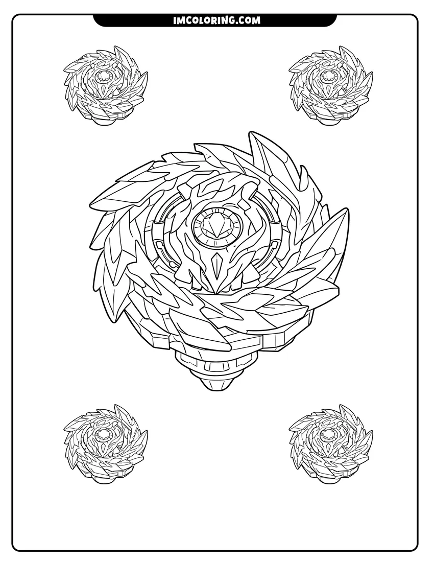 Black and white Super Hyperion Xceed 1A Beyblade with smaller tops coloring sheet