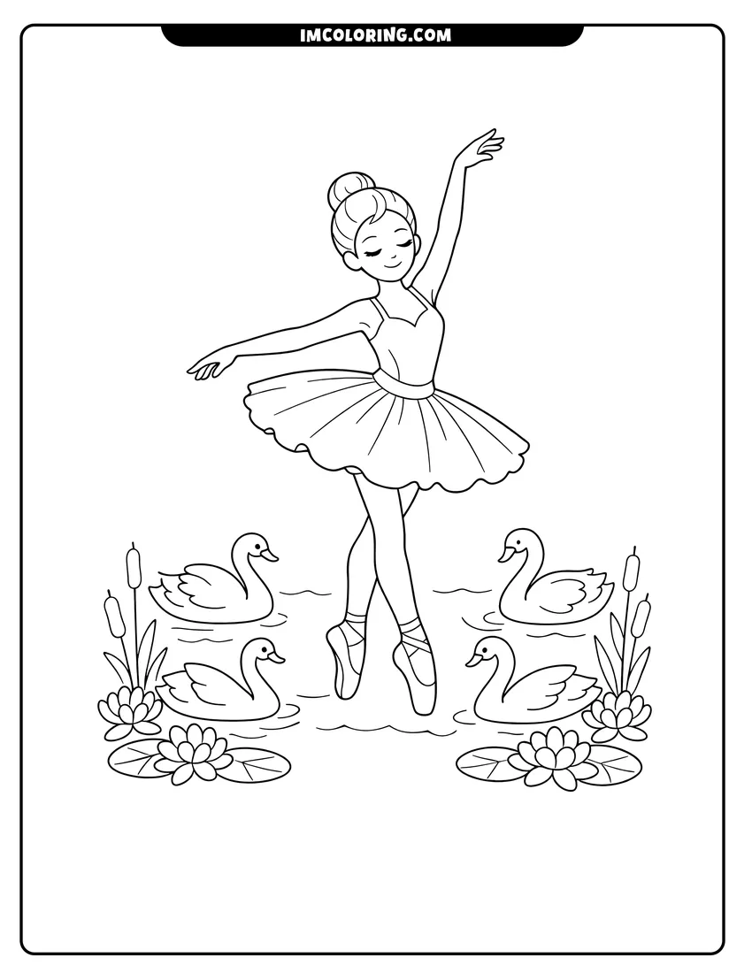 Easy-to-color Ballerina dancing on stage with swans in a lake illustration