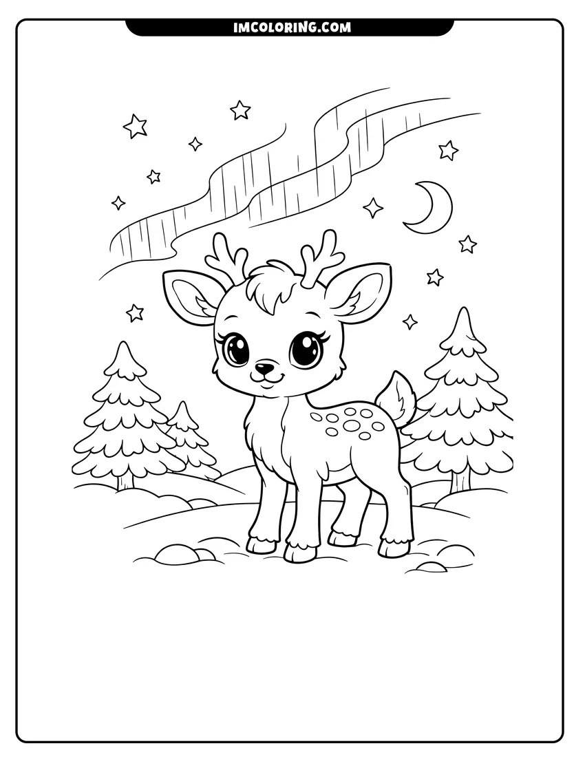 Kawaii style Baby reindeer standing in the snow under aurora coloring picture