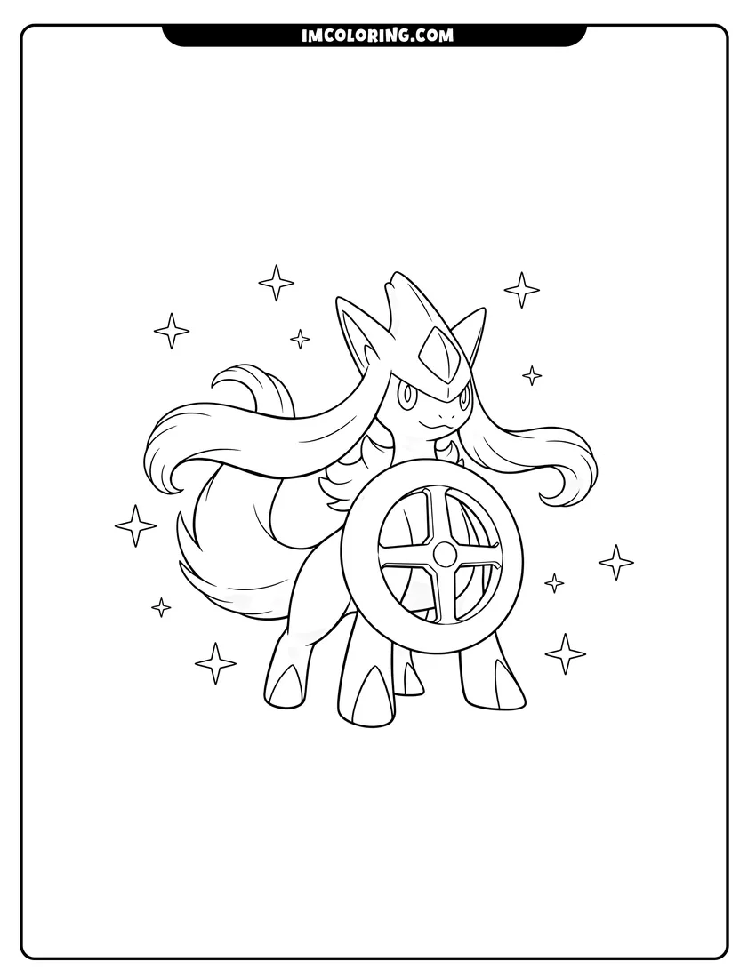Easy-to-color Kawaii chibi Arceus standing among simple stars illustration