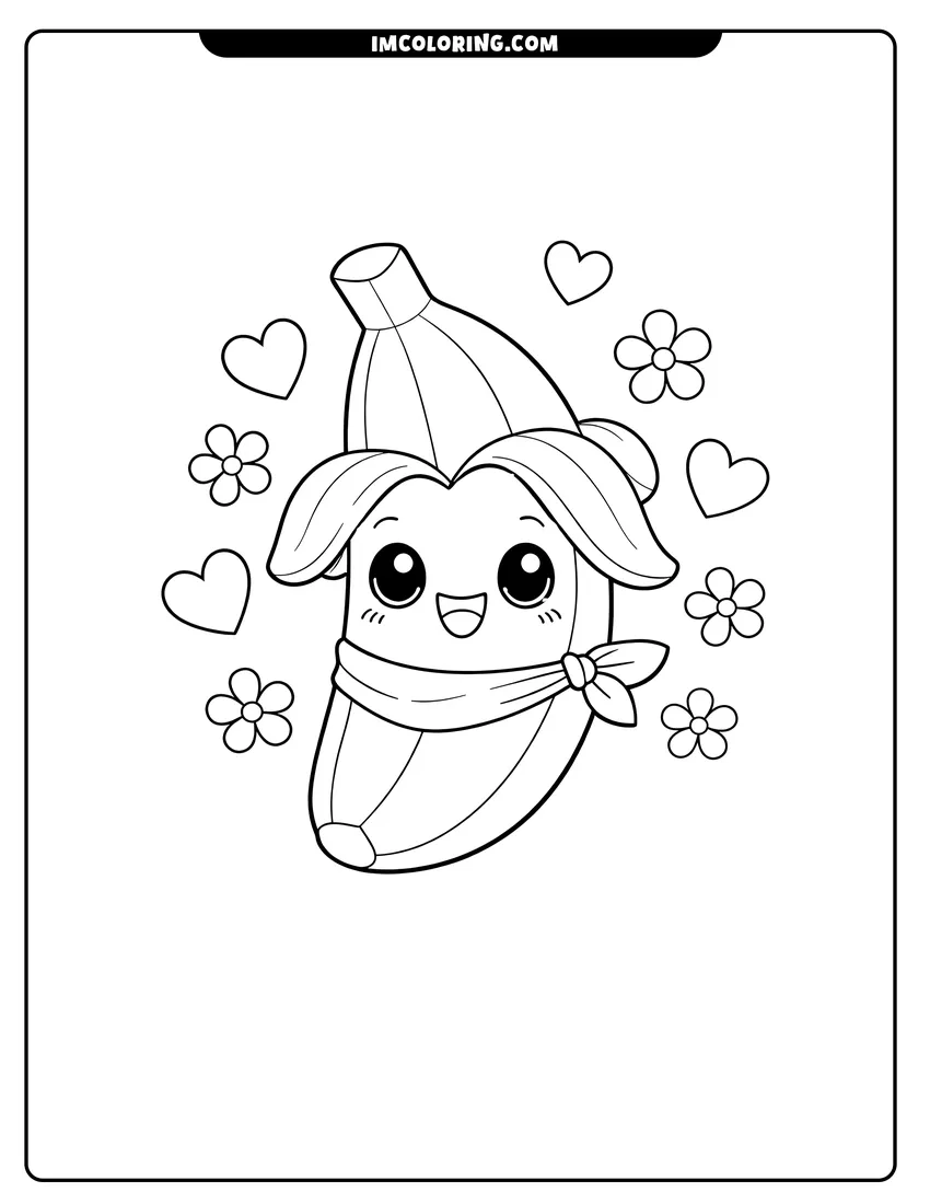 Black and white Cute chibi banana with hearts and flowers coloring sheet