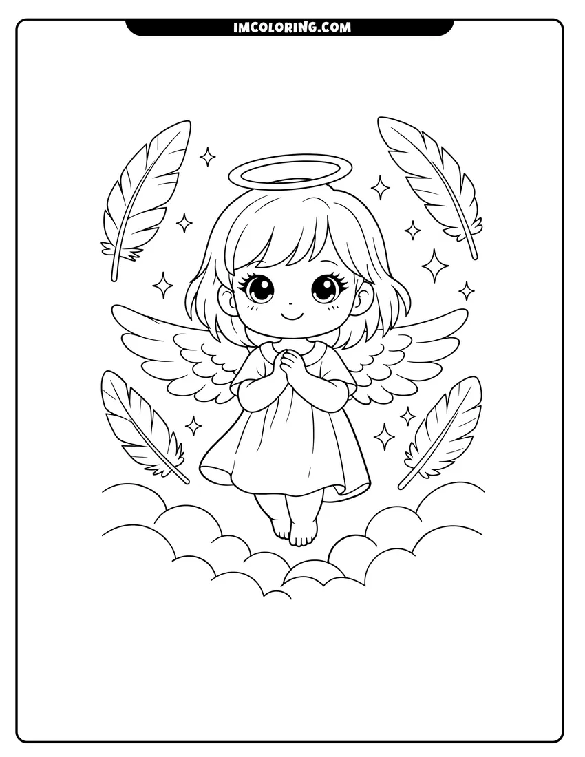 Printable outline of Child angel with big eyes floating above clouds