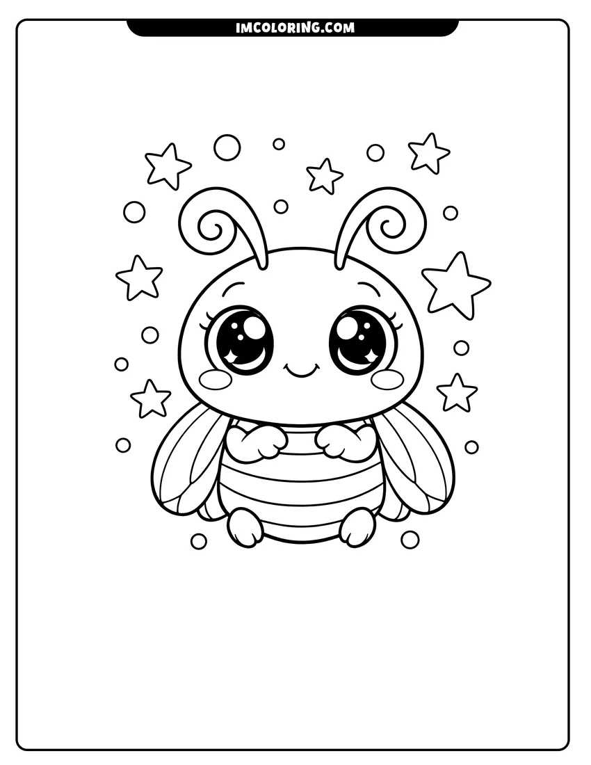 Line art depicting Chubby kawaii beetle with large eyes and curly antennae