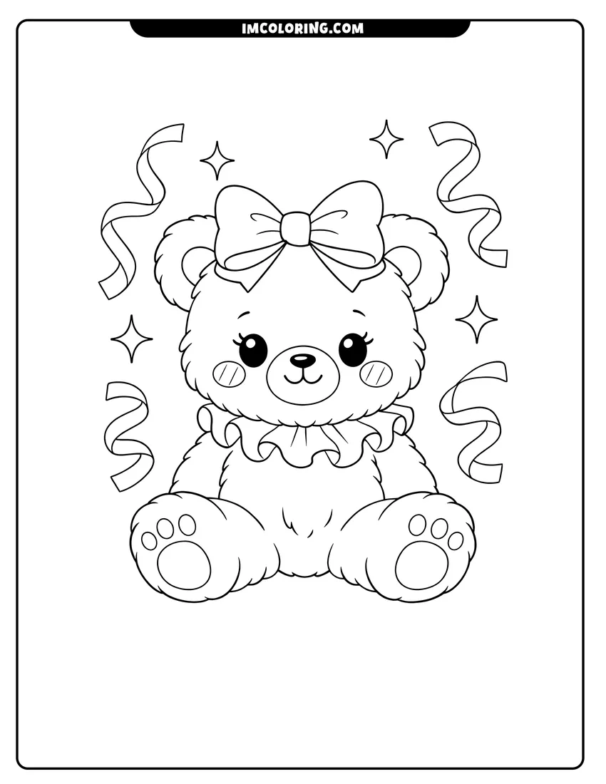 Illustration of Teddy bear wearing a bow and ruffled collar ready for painting