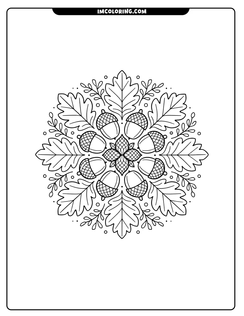 Easy-to-color Circular mandala featuring acorns and oak leaves illustration