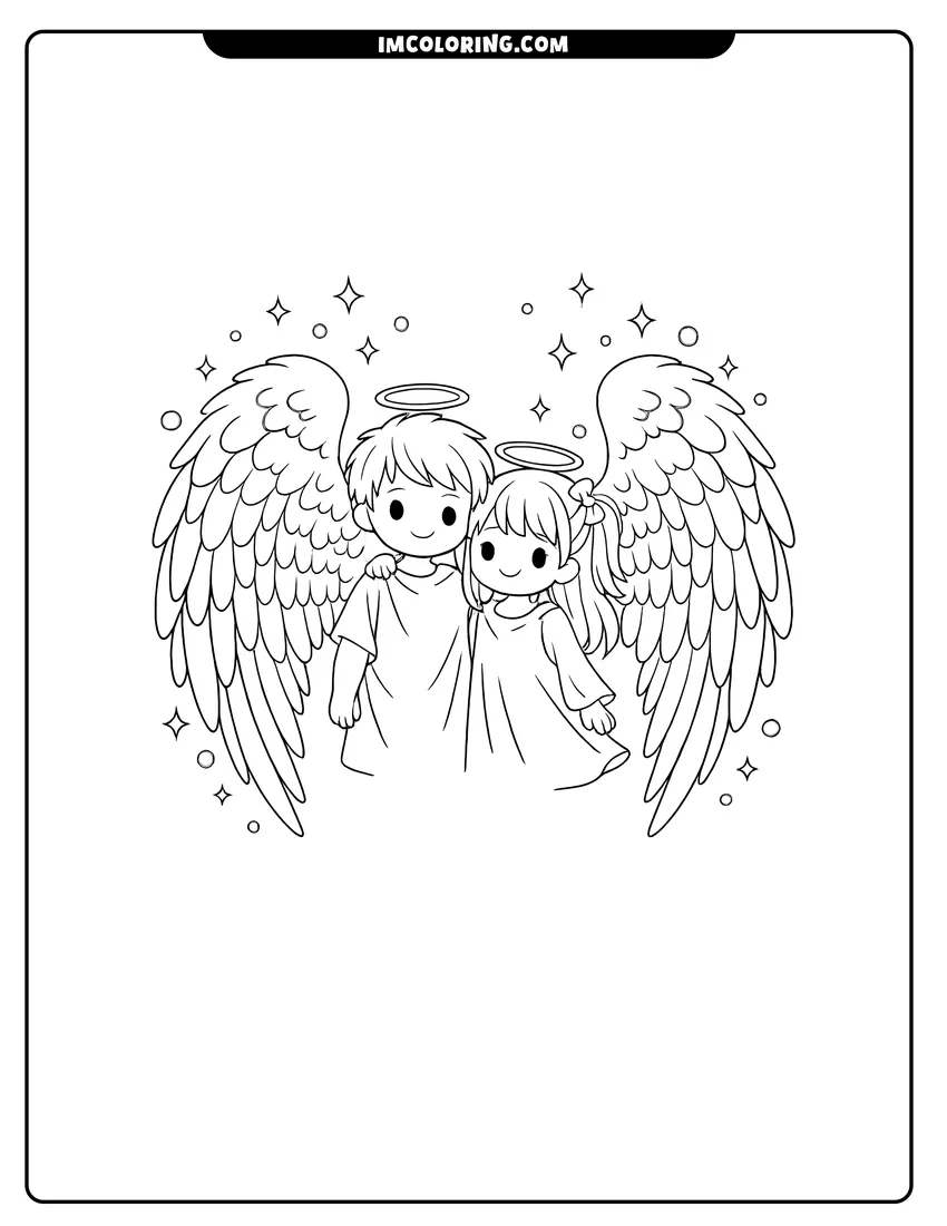 Scene showing Large symmetrical feathered angel wings with twinkling stars to color