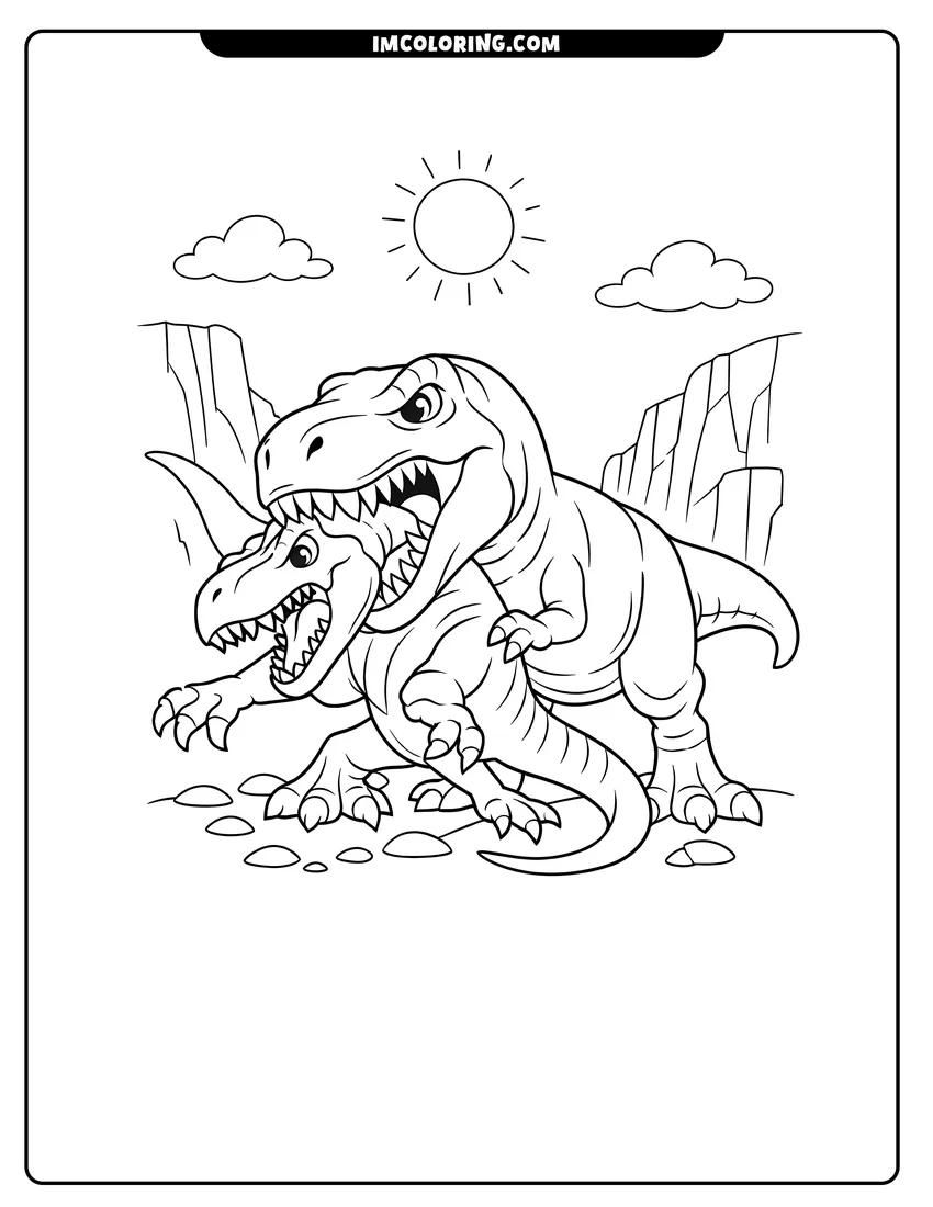 Outline of T-Rex preying on a smaller Allosaurus on a white background