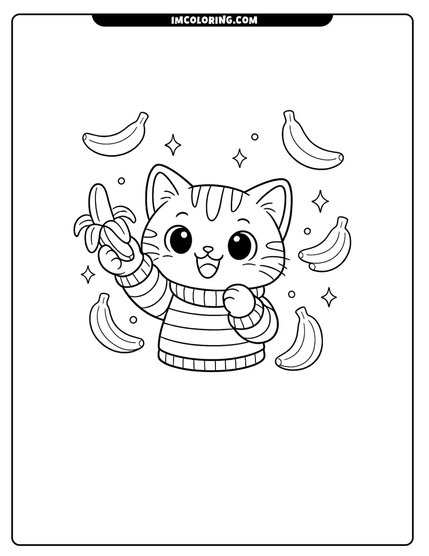 Kawaii style Cat in a sweater holding a partially peeled banana coloring picture