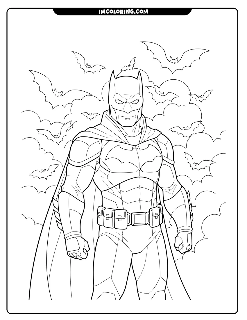 Printable coloring page featuring Tactical Batman with a swarm of bats behind him