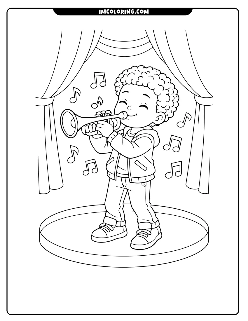 Black and white Black boy playing a trumpet on a stage coloring sheet
