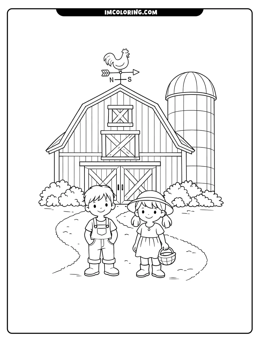Gambrel-roof barn with a tall silo and weather vane drawing meant for coloring