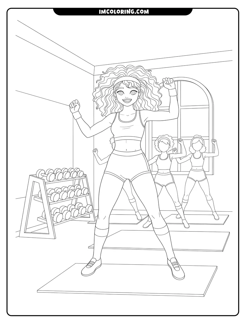 Printable coloring page of Aerobics instructor with big curly hair and a dumbbell rack