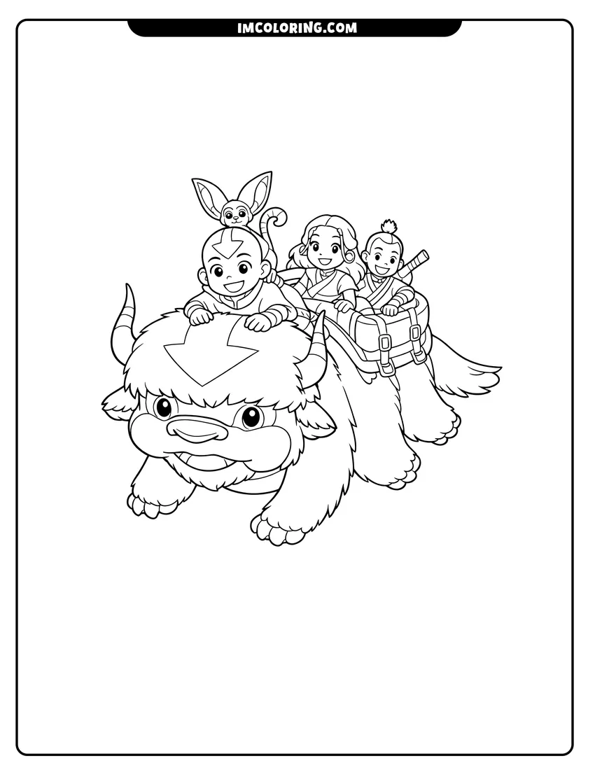 Team Avatar traveling on Appa coloring page for preschoolers