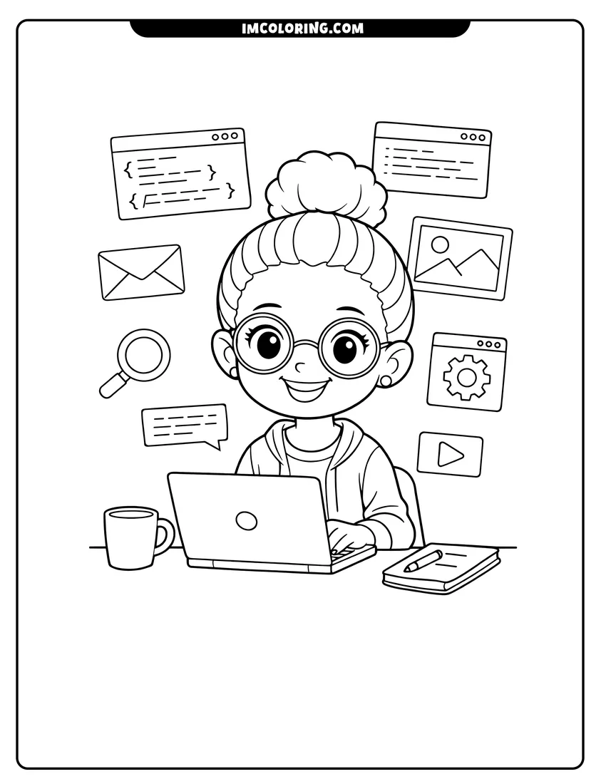 Black girl using a laptop with computer code coloring page for preschoolers