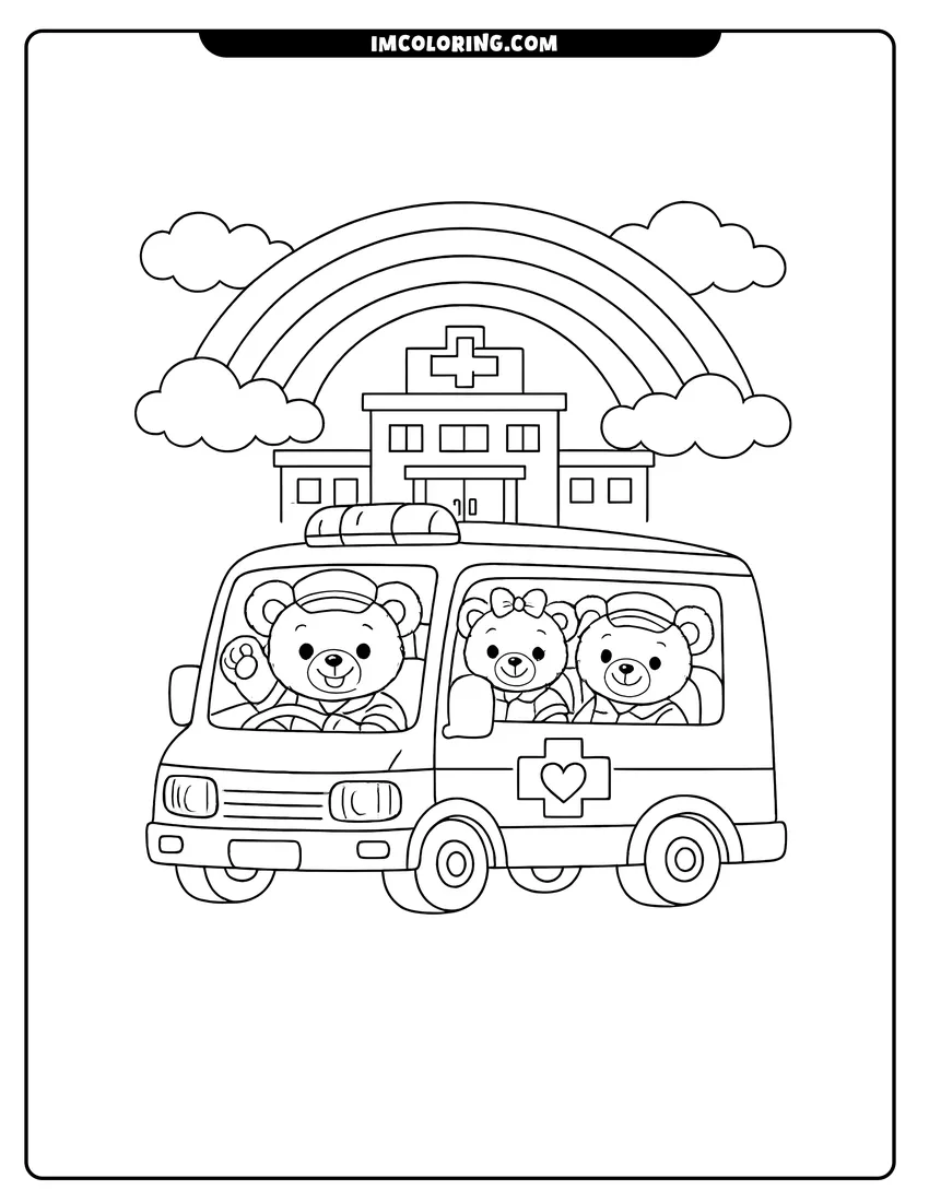 Black and white Teddy bear driving an ambulance under a large rainbow coloring sheet