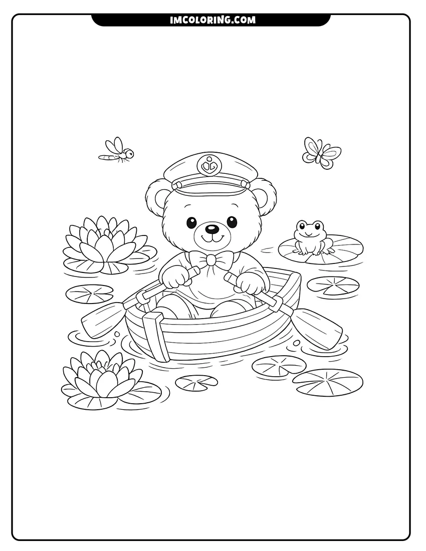 Kawaii style Teddy bear wearing a captain hat rowing a wooden boat coloring picture