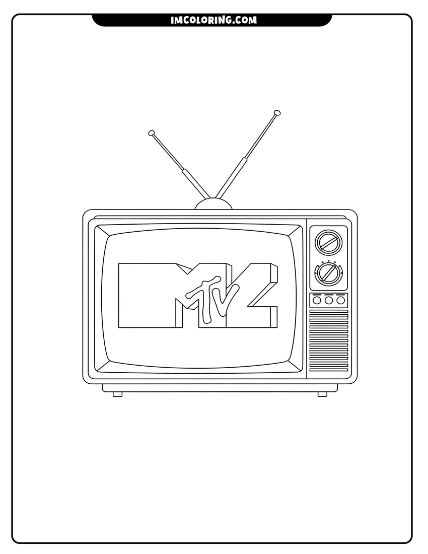 Black and white line art of Retro television with rabbit ear antennas and MTV logo