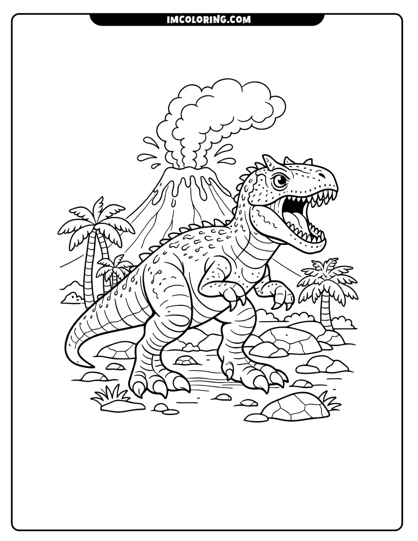 Kawaii style Textured Allosaurus standing in front of a volcano coloring picture