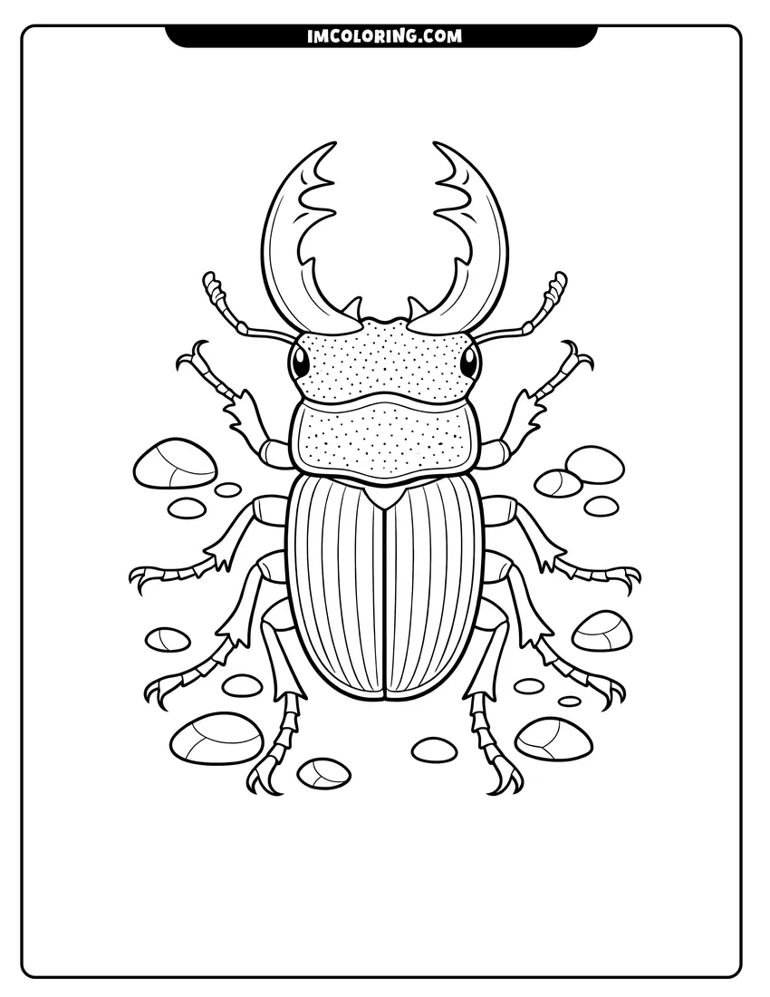 Stag beetle with dotted and striped exoskeleton textures drawing meant for coloring