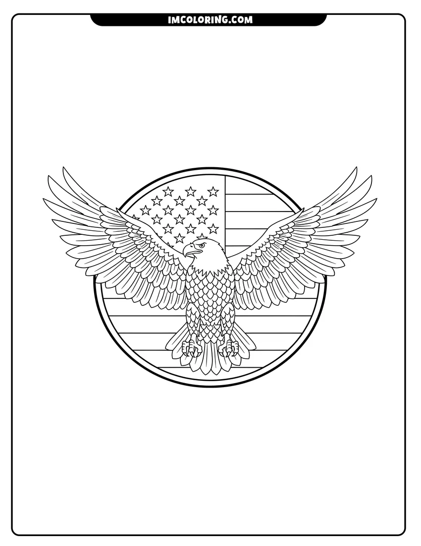Free to print drawing of Majestic bald eagle soaring in front of American flag emblem