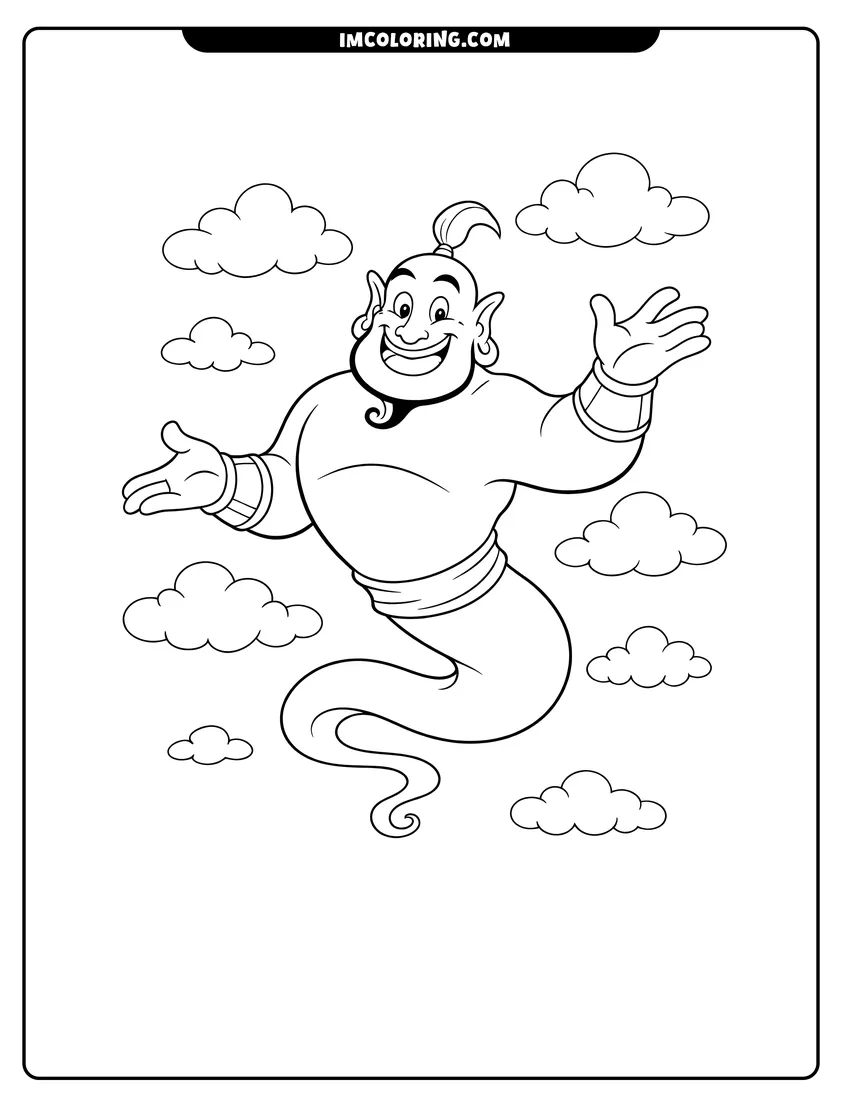 Illustration of The blue Genie smiling and floating in fluffy clouds ready for painting