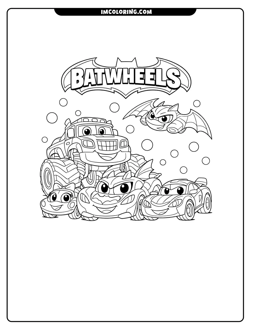 Printable outline of The Batwheels team gathered under the series logo