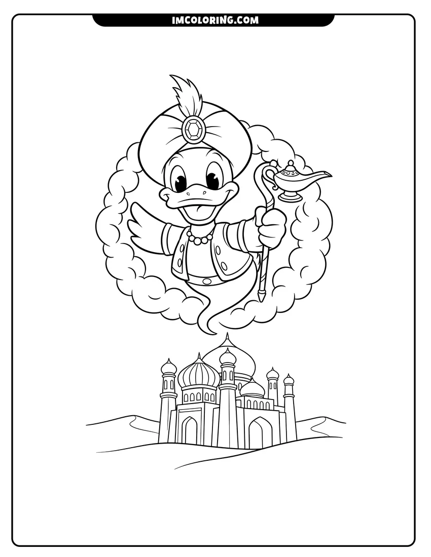 Illustration of A duck Genie with a lamp cane floating over palace ready for painting