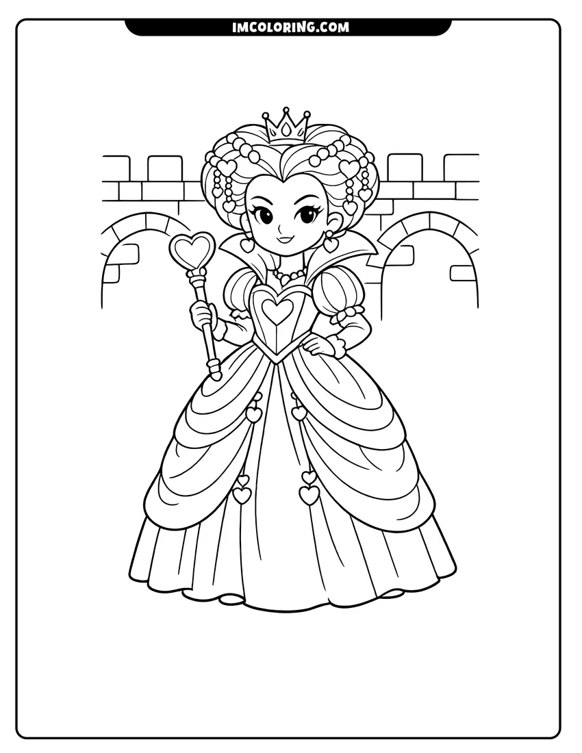 Kids activity sheet showing The Red Queen holding a heart scepter by castle