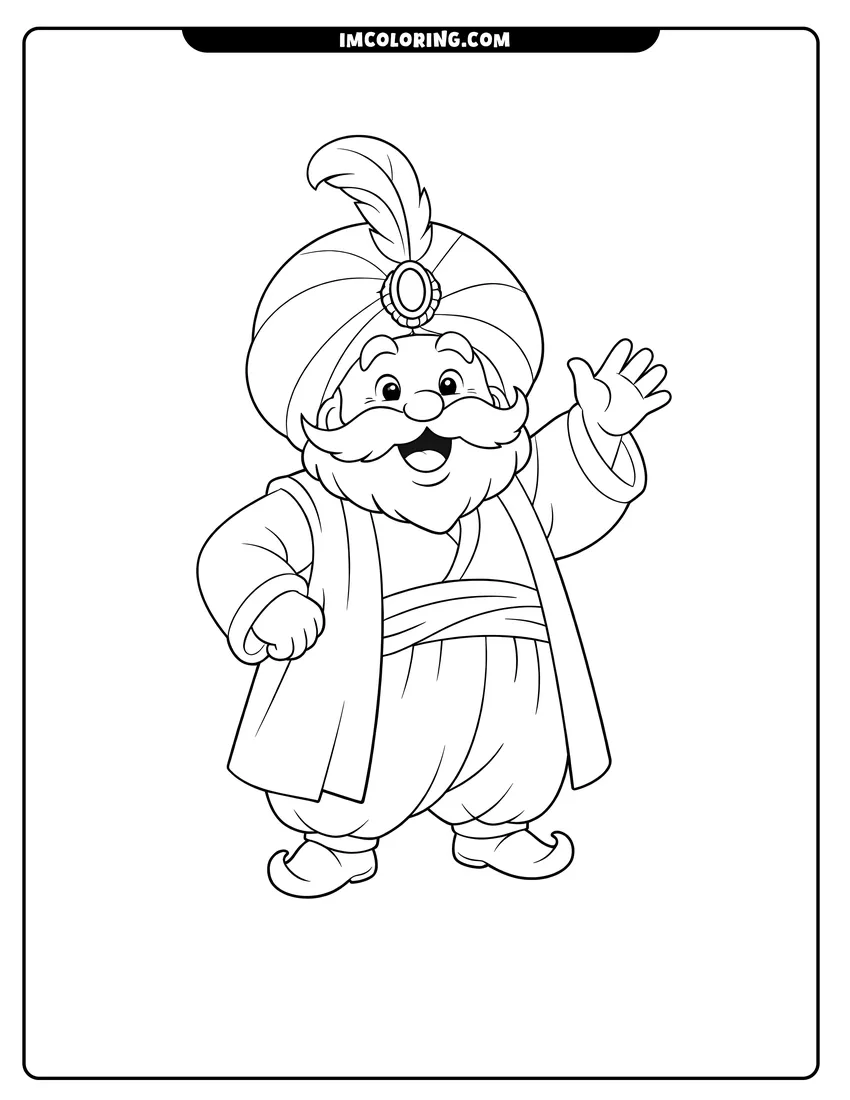 Printable outline of The Sultan waving and wearing a large turban