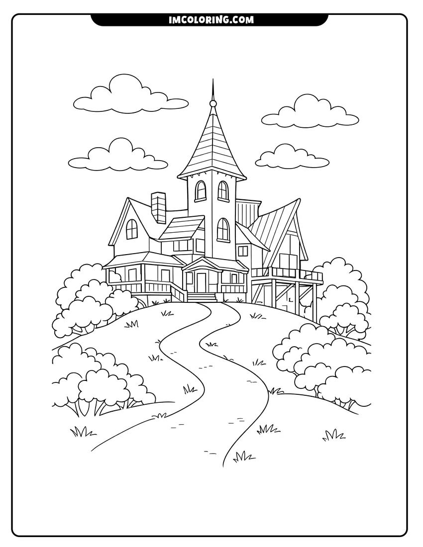 Kawaii style The quirky Maitland residence house on a grassy hill coloring picture