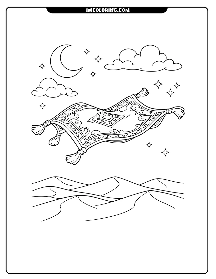 Detailed Magic Carpet flying over desert dunes under a crescent moon design for coloring