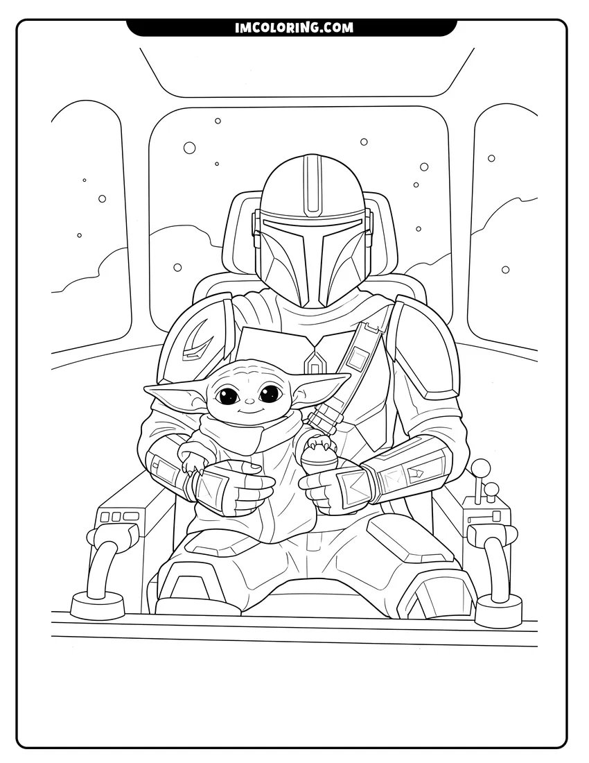 Illustration of The Mandalorian and Baby Yoda in a starship ready for painting