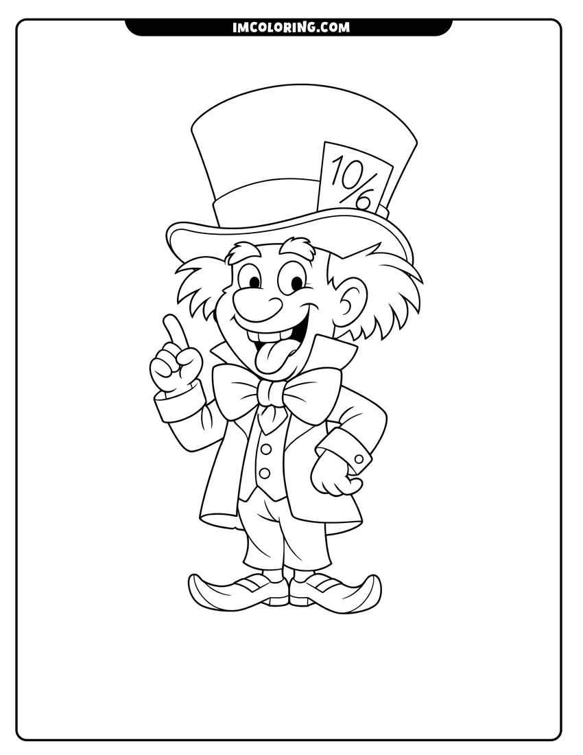 Printable coloring page featuring Mad Hatter wearing an oversized top hat
