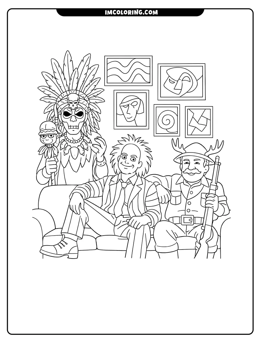 Simple sketch of Witch Doctor Beetlejuice and Harry the Hunter on couch for children