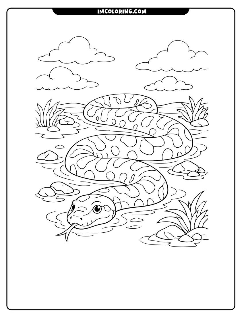 Easy-to-color Thick spotted Anaconda slithering through muddy river water illustration