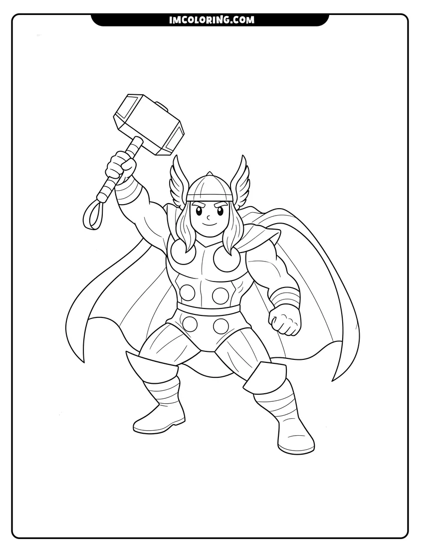 Line art depicting Thor raising Mjolnir hammer with winged helmet